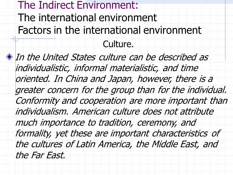 The Indirect Environment: The international environment Factors in the international environment  Culture. 